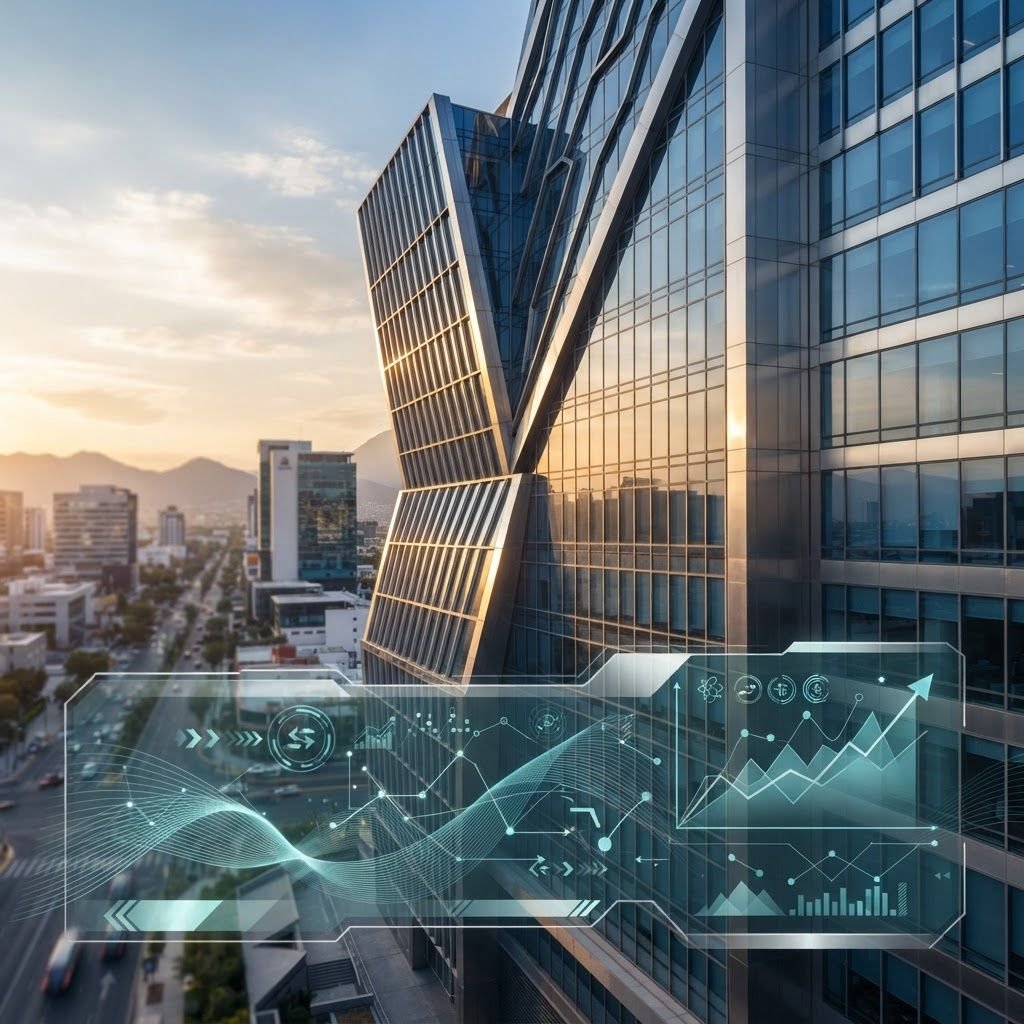 Edificio bancario moderno con elementos digitales superpuestos y gráficos financieros en composición corporativa