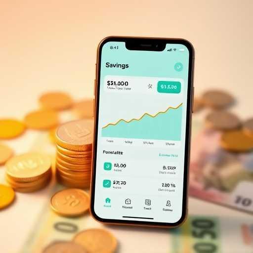 Pantalla de smartphone mostrando app de banca con gráfico de crecimiento de ahorros y monedas mexicanas desenfocadas