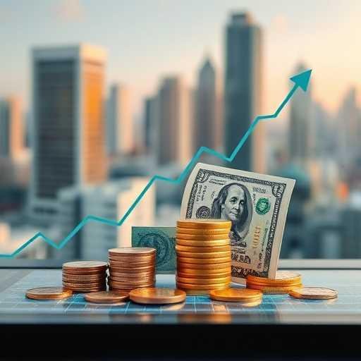 Composición editorial con monedas de peso mexicano y billetes de dólar sobre pantalla digital con gráfico de tipo de cambio