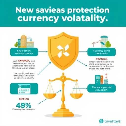 Ilustración de estrategias de protección de ahorros ante volatilidad cambiaria con símbolos de inversión diversificada